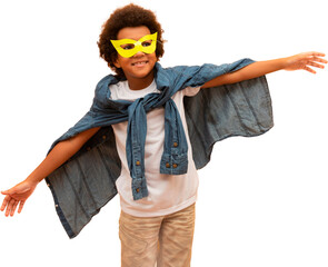Portrait of a young, mixed race boy dressed as a superhero. Black baby in super hero costume. The...