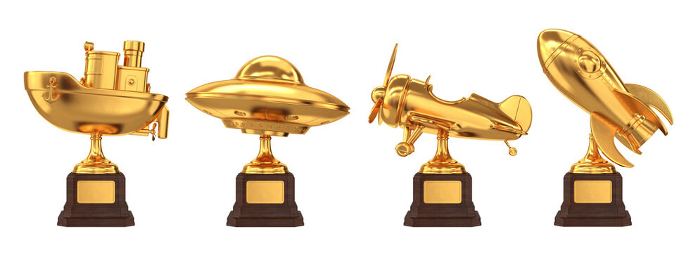 Set of golden trophies transport boat, airplane, UFO, rocket, 3d render
