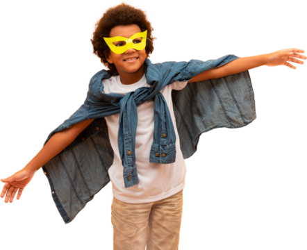 Portrait of a young, mixed race boy dressed as a superhero. Black baby in super hero costume. The winner and success concept. PNG
