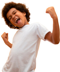African American boy with black power hair on transparent background. Smiling Afro kid with a black power hair. Boy with a black power hair. African descent. PNG - obrazy, fototapety, plakaty