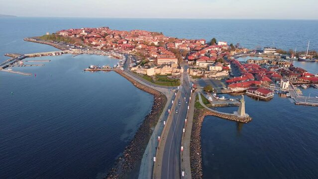Aerial view of Nessebar with a pier on a peninsula in the Black Sea, Bulgaria