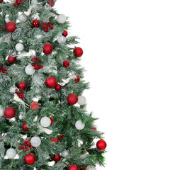 Closeup picture of a Christmas tree with red and white decorations ioslated on white