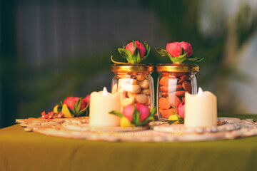Indian festival dipawali celebration - a beautiful Diwali box with traditional design containing dry fruits with cashew, raisin and almond