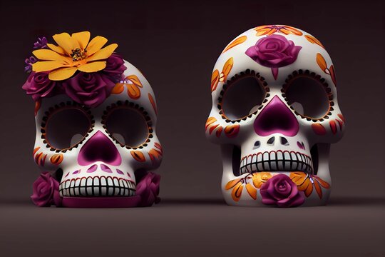 Illustration of two human skulls with floral texture drawings on them