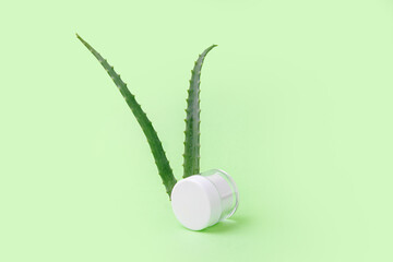Blank cosmetics box with aloe vera on background.Organic cosmetic concept.