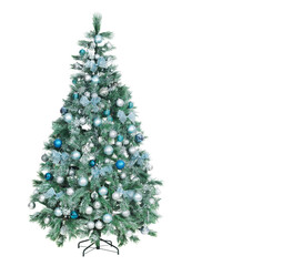 Full length Christmas tree decorated in blue and silver