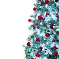 Isolated on white background Christmas tree decorated with red and white decorations
