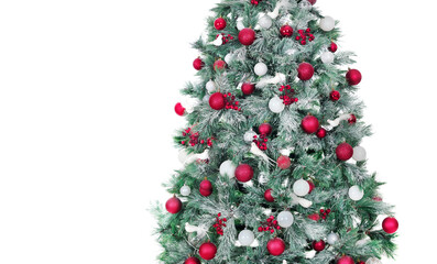 Part  of a Christmas tree with red and white decorations ioslated on white background