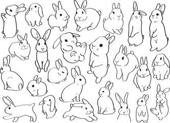 Cute Bunny doodle set. Pretty little rabbits set simple vector illustration.