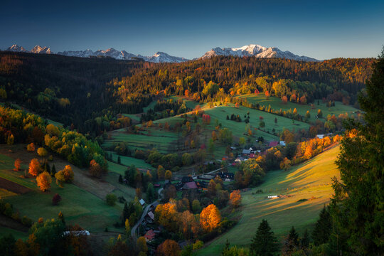 Beautiful autumn with red an yellow trees under the Tatra Mountains at dawn. Slovakia