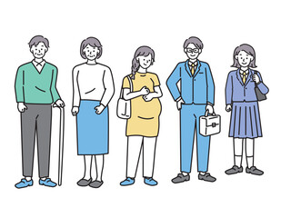 街のイラスト(老若男女、学生、社会人、妊婦、老人、環境、都会、人々、社会) Illustration of the city: men and women of all ages, students, working adults, pregnant women, elderly people, environment, city, people, society.