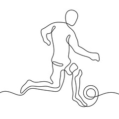 Fototapeta na wymiar Football player one line illustration. Editable stroke soccer drawing.