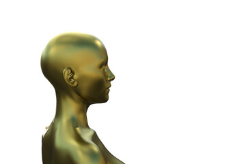 3D render portrait of a gold bald woman on a white background.