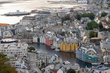 Aerial view of Alesund port town on cloudy day, Norway.  Alesund is a port town on the west coast of Norway.