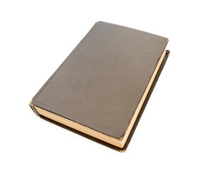 Closed brown vintage book with hard cardboard cover isolated on white.