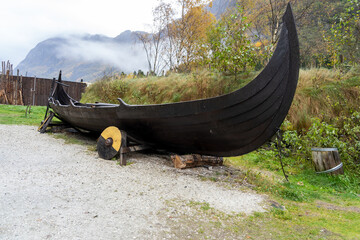 A Viking boat at Viking village in Gudvangen, Norway. The Valley is the setting for Njardarheimr...