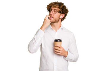 Business caucasian man holding a coffee to take away isolated on white background relaxed thinking about something looking at a copy space.