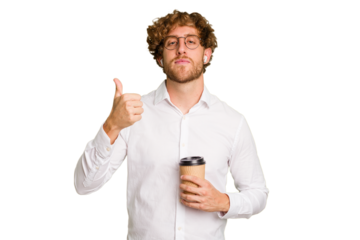 Business caucasian man holding a coffee to take away isolated on white background smiling and raising thumb up
