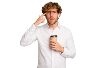 Business caucasian man holding a coffee to take away isolated on white background showing a disappointment gesture with forefinger.