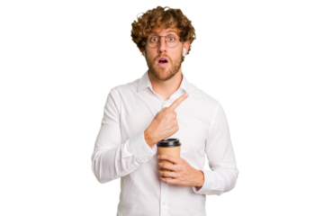 Business caucasian man holding a coffee to take away isolated on white background pointing to the side