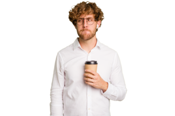 Business caucasian man holding a coffee to take away isolated on white background confused, feels doubtful and unsure.