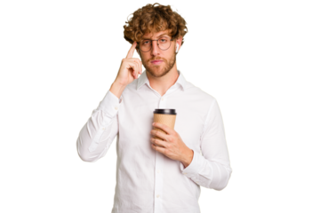 Business caucasian man holding a coffee to take away isolated on white background pointing temple with finger, thinking, focused on a task.