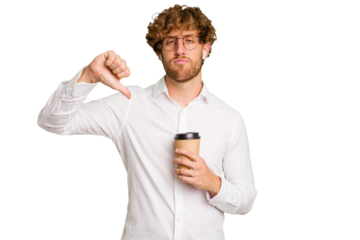 Business caucasian man holding a coffee to take away isolated on white background showing a dislike gesture, thumbs down. Disagreement concept.