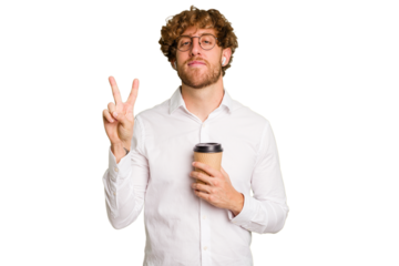 Business caucasian man holding a coffee to take away isolated on white background showing number two with fingers.