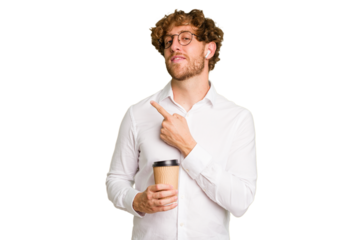 Business caucasian man holding a coffee to take away isolated on white background smiling and pointing aside, showing something at blank space.
