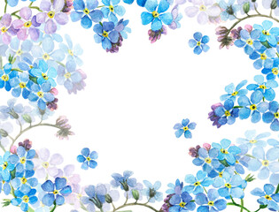 Fototapeta na wymiar Watercolor frame with spring flowers - forget me nots, botanical illustration