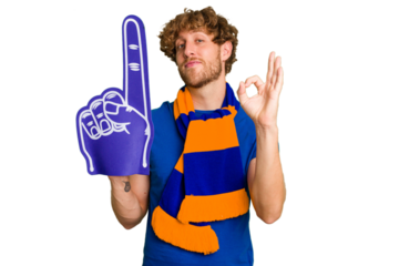 Young caucasian sports fan man isolated on white background cheerful and confident showing ok gesture.