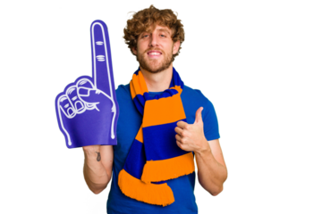 Young caucasian sports fan man isolated on white background smiling and raising thumb up