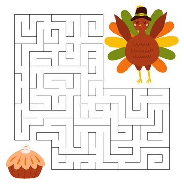 Maze game for kids. Cute pilgrim turkey looking for a way to the pumpkin pie. Bird animal character wearing a pilgrims hat. Printable worksheet.