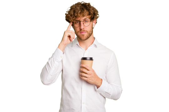 Business caucasian man holding a coffee to take away isolated on white background pointing temple with finger, thinking, focused on a task.
