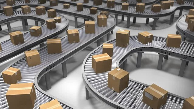 Animated background of conveyor belts loaded with boxes ready to be shipped. Great concept for manufacturing, shipping or online shopping.