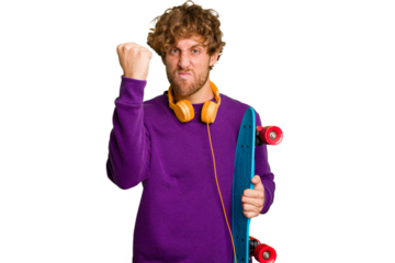 Young skater caucasian man isolated on white background showing fist to camera, aggressive facial expression.