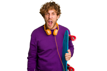 Young skater caucasian man isolated on white background screaming very angry and aggressive.