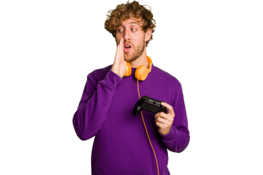 Young caucasian gamer man holding a game controller isolated on white background is saying a secret hot braking news and looking aside - Powered by Adobe