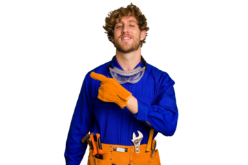 Young caucasian electrician man isolated on white background smiling and pointing aside, showing something at blank space.