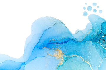 Fototapeta premium Abstract ocean wave foam print. Watercolor blue texture with gold glitter.