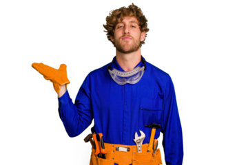 Young caucasian electrician man isolated on white background showing a copy space on a palm and holding another hand on waist.