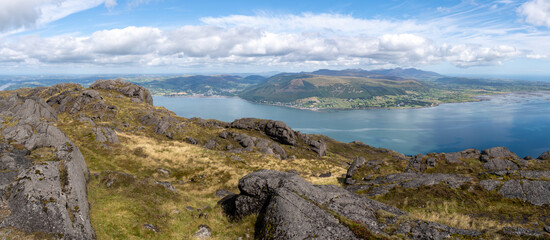 View from Slieve Foy on fields and pastures with beautiful fiords in background. Ireland © Marcin