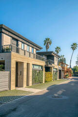 Facade of houses along road in Del Mar Southern California neighborhood