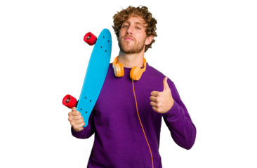 Young skater caucasian man isolated on white background