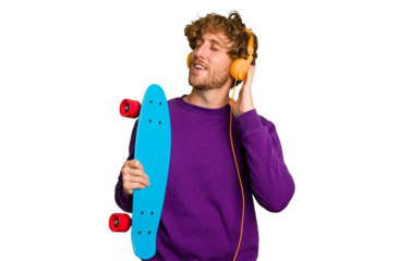 Young skater caucasian man isolated on white background