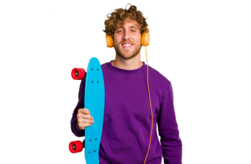 Young skater caucasian man isolated on white background