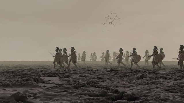 Army of Spartans Walking on an Empty Battlefield
