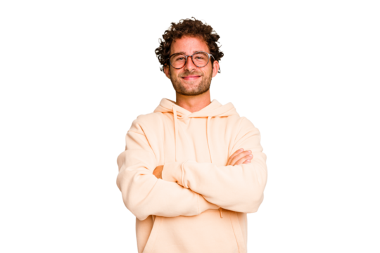 Young caucasian curly hair man isolated Young caucasian man with curly hair isolated who feels confident, crossing arms with determination.