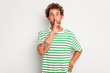 Young caucasian curly hair man isolated on white background keeping a secret or asking for silence.