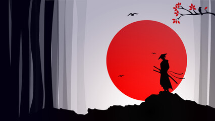 silhouette of a samurai in the night background. Japanese samurai warrior with a sword. Samurai with red moon wallpaper. red moon. japanese theme wallpaper. © riansa28